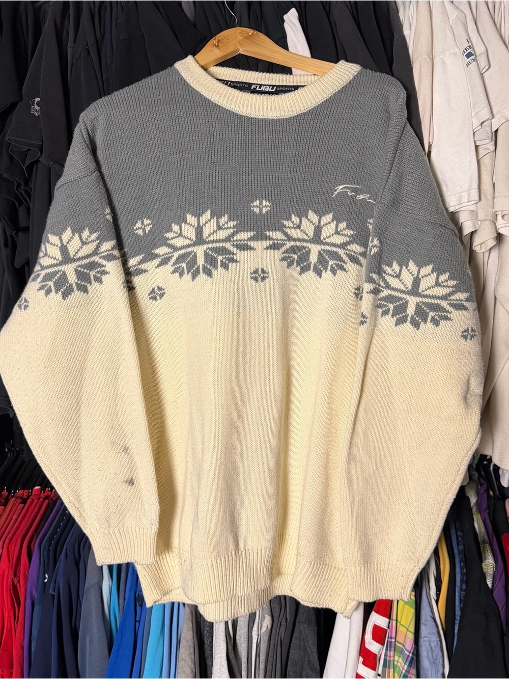 Vintage FUBU Christmas Knit Sweater Mens XXL Cream Grey Streetwear Retro Hip Hop
